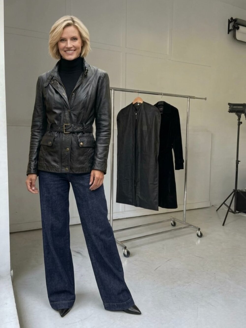Vintage Black Leather Belted Jacket, Adler, Small